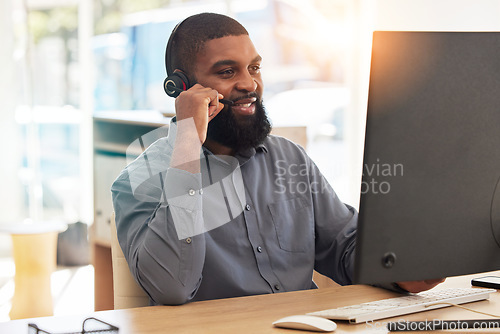 Image of Man, computer and call center for communication, happy sales advisor and customer support in e commerce. Agency worker, telecom and african person with virtual chat, helping or web contact on desktop