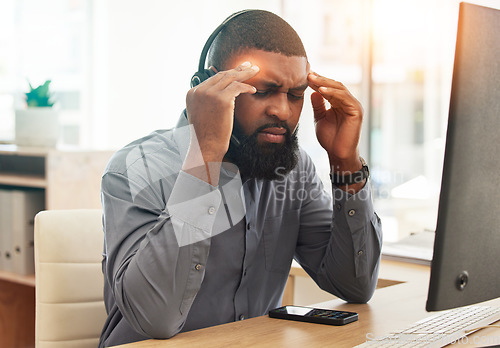 Image of Call center, headache and business man stress, health risk and fatigue for communication or memory with red overlay. Agent, sales consultant or african person with pain, tired and brain fog or mind