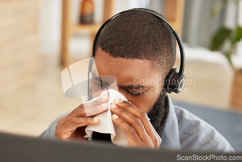 Image of Telemarketing, sick or black man with a virus, allergy or call center agent with health issue, illness or tissue. Male person, customer service or consultant with bacteria, flu or sneeze in an office