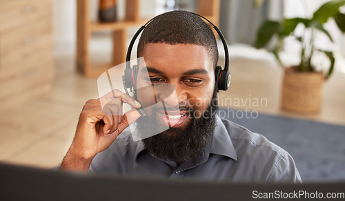 Image of Call center, computer and man or agent for communication, happy sales and customer support in e commerce. Agency headphones, telecom and african person for virtual chat, helping or contact on desktop