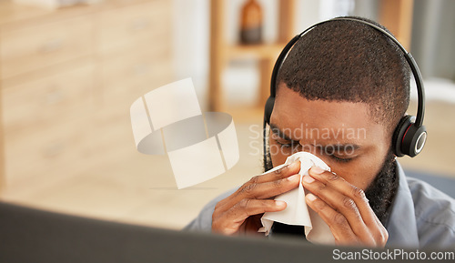 Image of Telemarketing, sick and black man with a virus, tissue and call center agent with health issue, illness and medical symptoms. Male person, employee and consultant with bacteria, allergies and flu