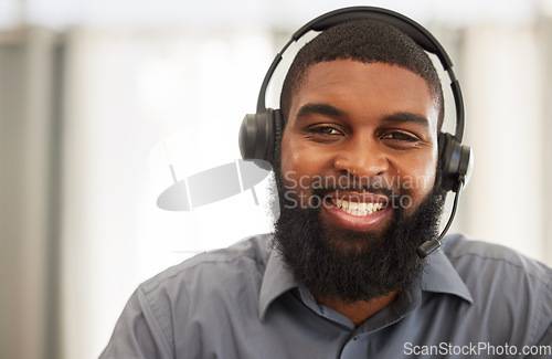 Image of Man, portrait and call center agent or consultant for communication, technical support and consulting online. Happy face of African person for virtual consultation, IT helping or contact us at agency