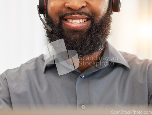 Image of Face, mouth of black man and call center, headset with mic and customer service employee, CRM and smile. Male consultant teeth, help desk job and communication with contact us and tech support