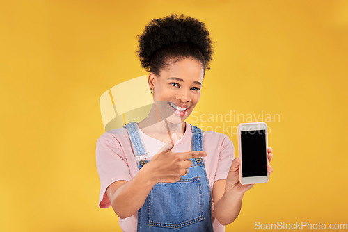 Image of Phone screen, portrait and woman presentation, mockup information or e learning faq and social media. Mobile app, ux design space and university student or african person on yellow, studio background