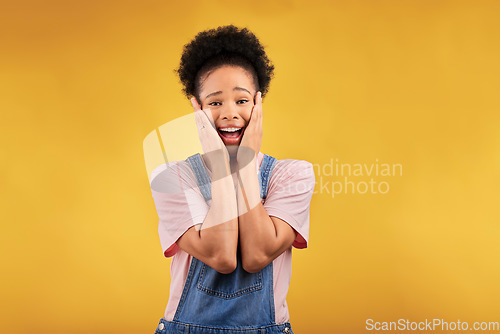 Image of Portrait, surprise and woman with a smile, excited and announcement on a yellow studio background. Female person, happiness and model with shock, wtf and omg with news, winning and facial expression