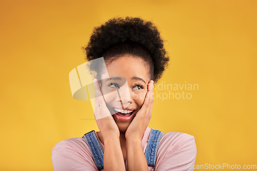 Image of Thinking, surprise and woman with solution, ideas and opportunity on a yellow studio background. Female person, decision and model with creativity, wow and problem solving with inspiration and choice