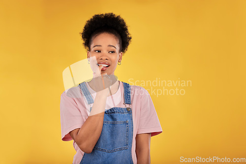 Image of Woman, student and thinking or doubt for university, college or education choice and decision. Ideas, nervous and african person for college mistake, study results or plan on yellow studio background