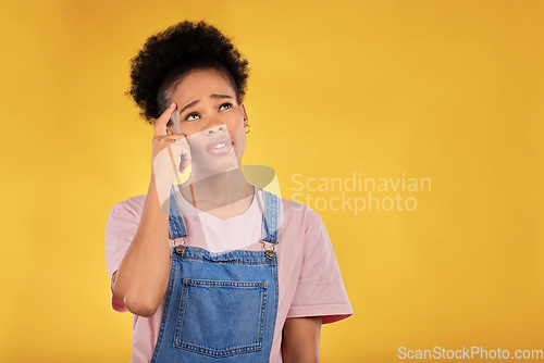 Image of Question, thinking and woman confused, decision and choice against a yellow studio background. Female person, why and model anxious, stress and emoji with doubt, ideas and problem solving with memory