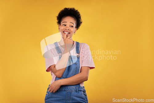 Image of Thinking, decision and black woman in studio with choice, option or solution on yellow background. idea, doubt and African lady with questions, why or problem solving, ask or puzzled body language