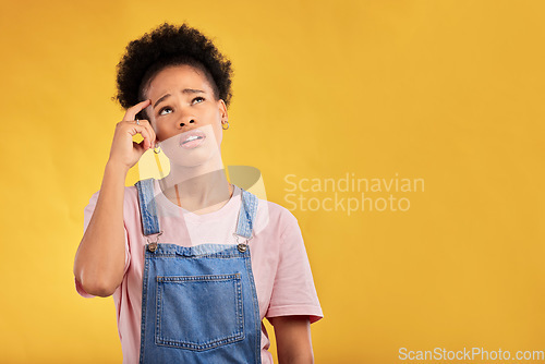 Image of Mockup, thinking and woman confused, opportunity and solution against a yellow studio background. Female person, ideas and model with questions, decision and problem solving with doubt and choice