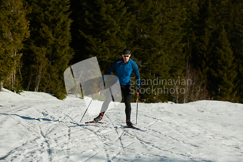 Image of Nordic skiing or Cross-country skiing classic technique practiced by man in a beautiful panoramic trail at morning.Selective focus.