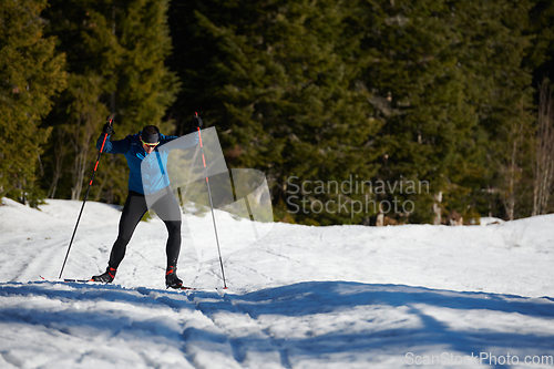 Image of Nordic skiing or Cross-country skiing classic technique practiced by man in a beautiful panoramic trail at morning.Selective focus.