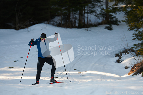 Image of Nordic skiing or Cross-country skiing classic technique practiced by man in a beautiful panoramic trail at morning.Selective focus.