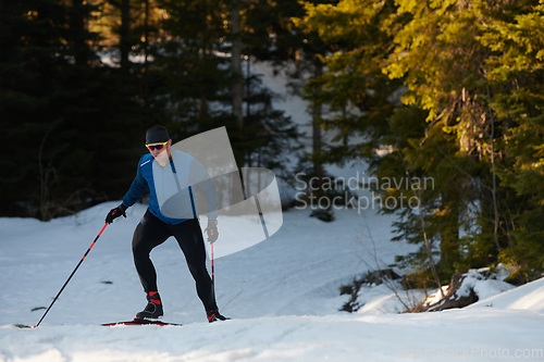 Image of Nordic skiing or Cross-country skiing classic technique practiced by man in a beautiful panoramic trail at morning.Selective focus.