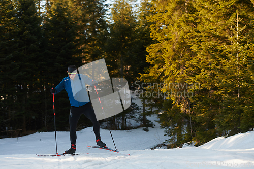 Image of Nordic skiing or Cross-country skiing classic technique practiced by man in a beautiful panoramic trail at morning.Selective focus.