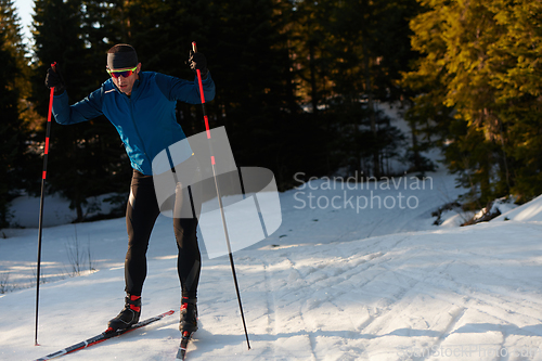 Image of Nordic skiing or Cross-country skiing classic technique practiced by man in a beautiful panoramic trail at morning.Selective focus.