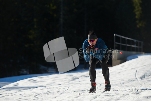 Image of Nordic skiing or Cross-country skiing classic technique practiced by man in a beautiful panoramic trail at morning.Selective focus.