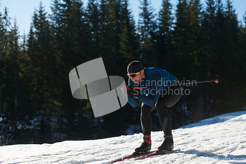 Image of Nordic skiing or Cross-country skiing classic technique practiced by man in a beautiful panoramic trail at morning.Selective focus.