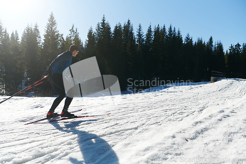 Image of Nordic skiing or Cross-country skiing classic technique practiced by man in a beautiful panoramic trail at morning.Selective focus.