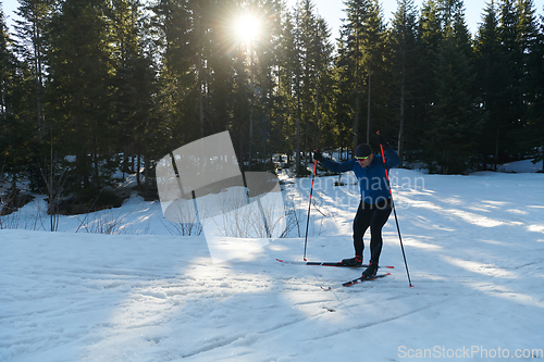 Image of Nordic skiing or Cross-country skiing classic technique practiced by man in a beautiful panoramic trail at morning.Selective focus.