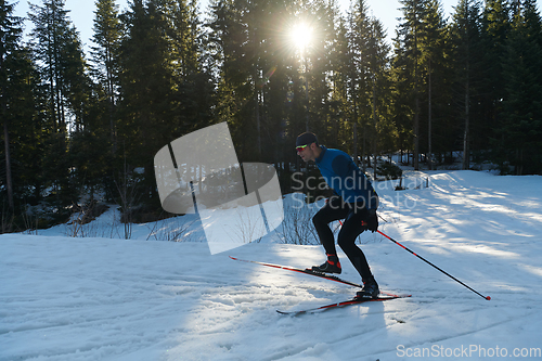 Image of Nordic skiing or Cross-country skiing classic technique practiced by man in a beautiful panoramic trail at morning.Selective focus.