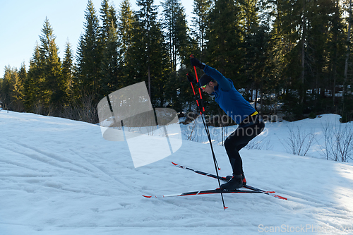 Image of Nordic skiing or Cross-country skiing classic technique practiced by man in a beautiful panoramic trail at morning.Selective focus.