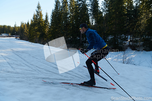 Image of Nordic skiing or Cross-country skiing classic technique practiced by man in a beautiful panoramic trail at morning.Selective focus.