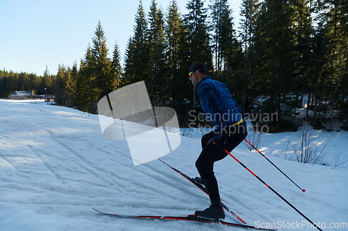 Image of Nordic skiing or Cross-country skiing classic technique practiced by man in a beautiful panoramic trail at morning.Selective focus.