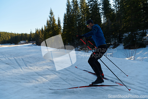 Image of Nordic skiing or Cross-country skiing classic technique practiced by man in a beautiful panoramic trail at morning.Selective focus.