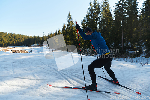 Image of Nordic skiing or Cross-country skiing classic technique practiced by man in a beautiful panoramic trail at morning.Selective focus.