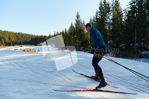 Image of Nordic skiing or Cross-country skiing classic technique practiced by man in a beautiful panoramic trail at morning.Selective focus.