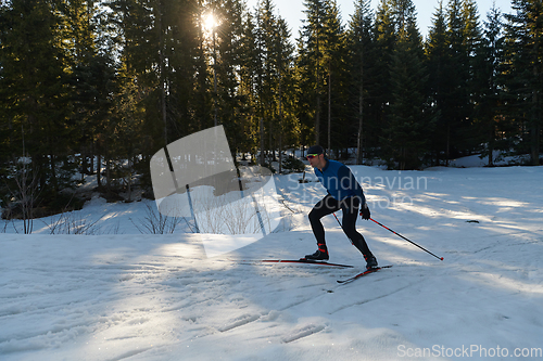 Image of Nordic skiing or Cross-country skiing classic technique practiced by man in a beautiful panoramic trail at morning.Selective focus.