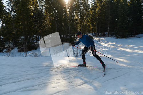 Image of Nordic skiing or Cross-country skiing classic technique practiced by man in a beautiful panoramic trail at morning.Selective focus.