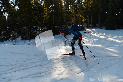 Image of Nordic skiing or Cross-country skiing classic technique practiced by man in a beautiful panoramic trail at morning.Selective focus.