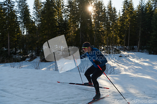 Image of Nordic skiing or Cross-country skiing classic technique practiced by man in a beautiful panoramic trail at morning.Selective focus.