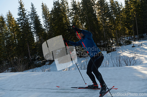 Image of Nordic skiing or Cross-country skiing classic technique practiced by man in a beautiful panoramic trail at morning.Selective focus.