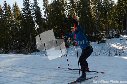 Image of Nordic skiing or Cross-country skiing classic technique practiced by man in a beautiful panoramic trail at morning.Selective focus.