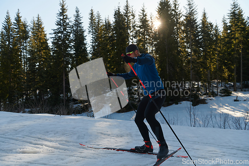 Image of Nordic skiing or Cross-country skiing classic technique practiced by man in a beautiful panoramic trail at morning.Selective focus.