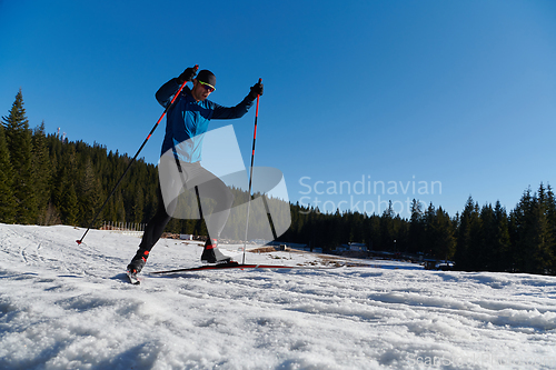 Image of Nordic skiing or Cross-country skiing classic technique practiced by man in a beautiful panoramic trail at morning.Selective focus.