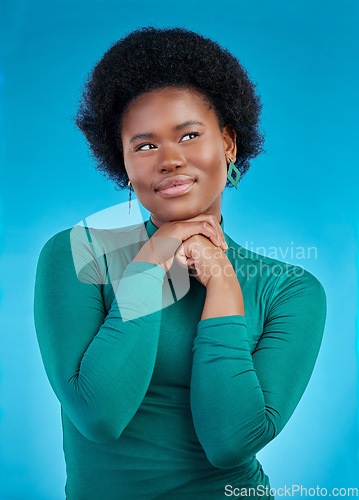 Image of Opportunity, thinking and black woman with solution, choice or decision on a blue studio background. Female person, creative or model with inspiration, planning or emoji with ideas or problem solving