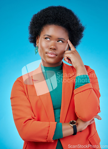 Image of Decision, thinking and black woman with inspiration, solution or problem solving on a blue studio background. Female person, opportunity or model with ideas, emoji or choice with doubt and creativity