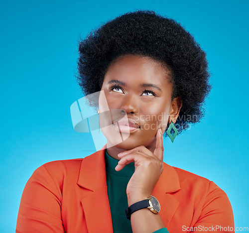 Image of Opportunity, thinking and black woman with problem solving, brainstorming and decision against a blue studio background. Female person, why and model with inspiration, planning and creative ideas