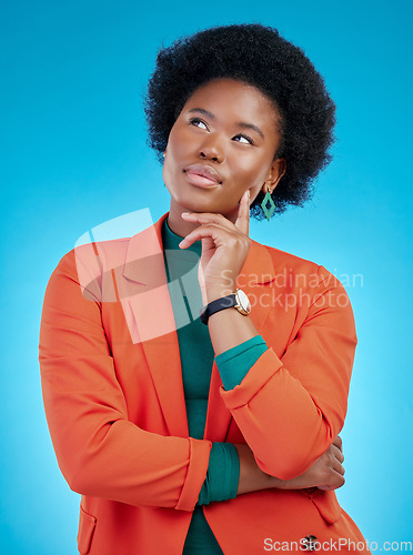 Image of Question, thinking and black woman with a decision, opportunity and inspiration against a blue studio background. Female person, why and model with solution, problem solving and choice with planning