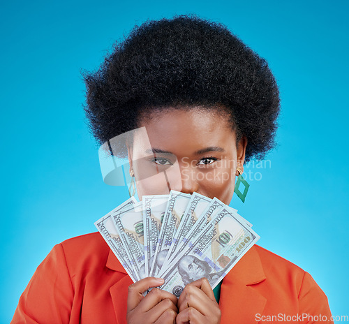 Image of Money, winner and woman cover face on blue, studio background for winning, cash fan or financial loan. Lottery, bank and young african person with bonus, budget secret and finance profit in portrait