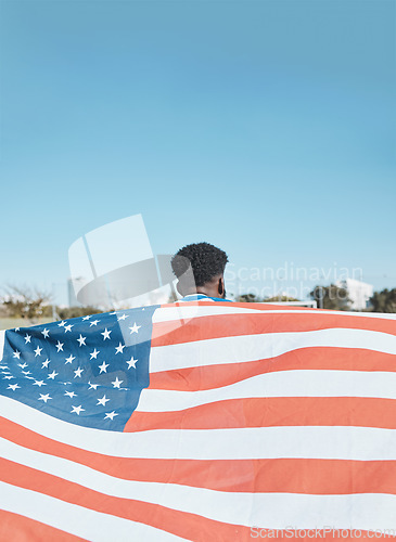 Image of American flag, back and sports man with mockup space on blue sky outdoor. Usa banner, national and athlete with patriotism, pride or representation to support country, motivation and independence day