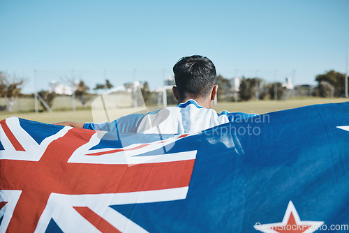 Image of New Zealand flag, back and sports man with mockup space on blue sky outdoor. Aotearoa banner, national and athlete with patriotism, pride or representation to support country, motivation and sign