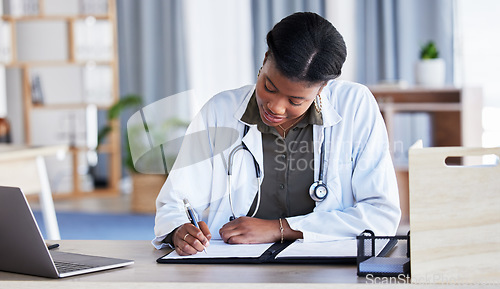 Image of Black woman, doctor and writing on clipboard in clinic, planning documents and schedule in medical office. Female healthcare worker, medicine notes and report of insurance checklist, script and info