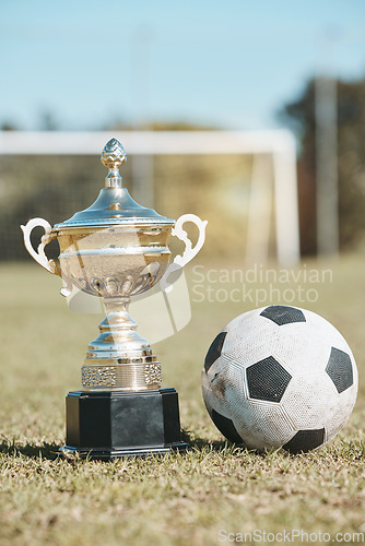 Image of Success, field and football and trophy for sports, game award and achievement in contest. Fitness, grass and prize or reward for soccer competition, championship or celebration of a goal at a stadium