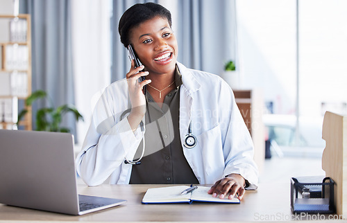 Image of Black woman, doctor and phone call for healthcare consulting, conversation or chat support in clinic. Happy female therapist, medical worker or talking on mobile cellphone for telehealth consultation