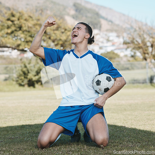 Image of Football, winner and man excited on field for goal, success and sports achievement. Soccer, champion and happy athlete celebrate competition, training victory or winning on grass outdoor for exercise